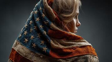 Portrait of a young woman wrapped in a tattered American flag during an artistic photo shoot in a studio