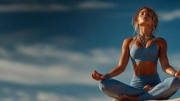 Woman practices meditation outdoors at sunrise, surrounded by open sky and tranquil scenery photo