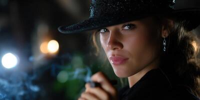 Mysterious woman in a black hat holding a ring and smoking in an atmospheric setting during the evening photo