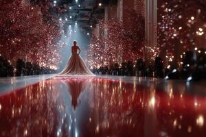 Elegant fashion show featuring model in exquisite gown with stunning red floral decor during evening event photo