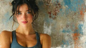 Young woman with blue eyes posing against a textured wall in a casual indoor setting during daylight hours photo