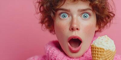 Young woman with curly hair surprised by ice cream treat against pink background in cozy sweater photo