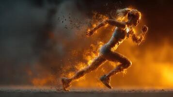 Dynamic female athlete running fiercely amidst flames in a dramatic sports-themed setting at dusk photo