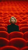 Woman sits alone in red theater seats, expressing contemplation in a vibrant and modern setting during an evening performance photo