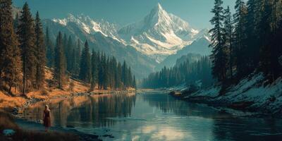 Scenic view of a serene lake reflecting towering mountains and evergreen forests during a tranquil afternoon photo