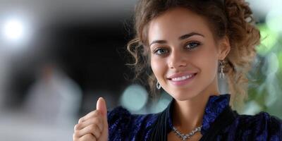 Young woman smiles confidently while showcasing elegant jewelry in a brightly lit indoor setting photo