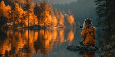 Capturing autumn beauty by the tranquil lake at sunset in a serene forest setting photo
