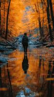 Beautiful autumn hike in a serene forest with vibrant orange foliage and calm water reflections photo