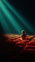 Person sitting alone in empty theater illuminated by dramatic light beams during evening time photo