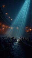 Audience captivated by a spotlight in an old theater during a dramatic performance at night photo