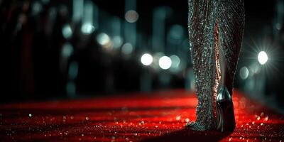 Elegant figure walks down glamorous red carpet at night event, spotlight illuminating starlit surroundings photo