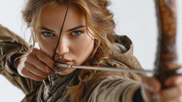 Skilled archer aiming her bow with focus in a studio setting during a photo shoot