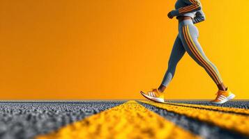 Person jogging along a road with vibrant orange backdrop during early morning or late evening hours photo