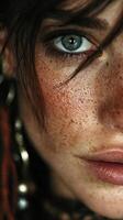 Close-up portrait of a person with striking features and freckles, showcasing unique expressions and detailed textures in natural light photo