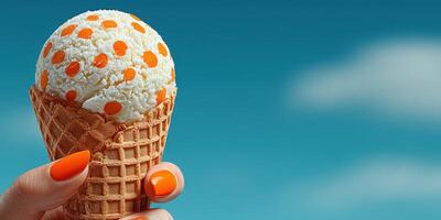 Enjoying a bright orange polka dot ice cream cone on a sunny day with a clear blue sky backdrop photo