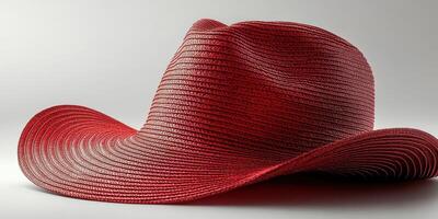 Stylish red cowboy hat resting on a neutral background highlighting its unique texture and vibrant color photo