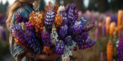 Vibrant bouquet of colorful lupine flowers in a serene garden during golden hour photo