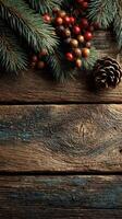 Festive arrangement of pine branches, berries, and a pine cone on a rustic wooden table during the holiday season photo