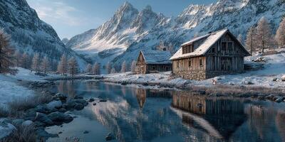 Snow-covered mountains reflect in a tranquil river with rustic cabins in a serene winter landscape photo