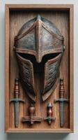Unique medieval helmet display with swords and decorative artifacts in a wooden frame photo