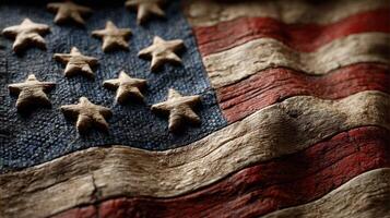 American flag displayed with textured surface, highlighting rustic charm and history in warm lighting photo
