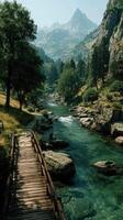 Picturesque river landscape featuring a wooden bridge, lush greenery, and majestic mountains on a sunny day in nature photo