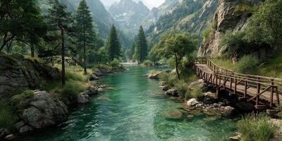 Tranquil river winding through mountains and lush greenery in a serene valley during daylight hours photo