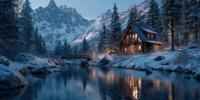 Charming cabin nestled by a serene river in a snowy mountain landscape at twilight photo