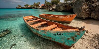 Colorful fishing boats resting on a sandy beach in a tropical paradise during a sunny afternoon photo