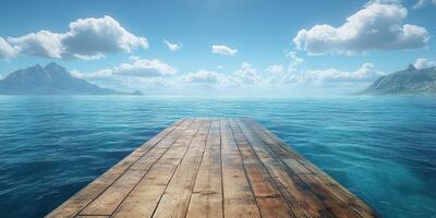 Calm wooden dock extends into serene blue water under a clear sky with fluffy clouds in a peaceful coastal setting photo