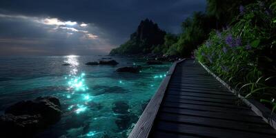 Stunning coastal view at twilight showcasing wooden pathway and sparkling waters in a serene tropical environment photo
