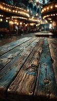Rustic wooden table in a lively marketplace with atmospheric lighting in the evening photo