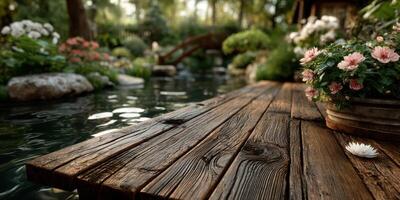 Serene garden pathway with wooden dock and blooming flowers during a sunny afternoon photo