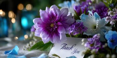Colorful floral arrangement with a thank you card for a thoughtful gesture photo
