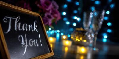 Celebratory gathering featuring thank you sign with decorations and glowing lights during evening event photo