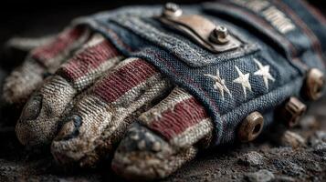 Worn leather gloves with American flag design resting on a gritty surface, showcasing signs of age and use in a unique artistic expression photo