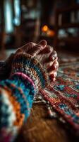 Hands clasped in meditation, resting on a colorful woven rug during a peaceful indoor moment by candlelight photo