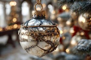 Ornate glass ornament in soft focus against festive background with shimmering lights and holiday decorations photo