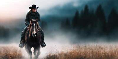 Cowboy riding a horse through misty landscape at dawn with mountains in the background photo