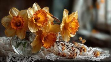 Beautiful bouquet of yellow daffodils in a clear vase on a lace tablecloth during soft afternoon light photo