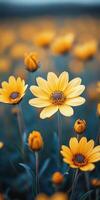 Golden yellow flowers bloom in a vibrant meadow under a bright sky during a warm sunny day photo