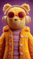 Colorful teddy bear in stylish outfit with headphones enjoys a vibrant atmosphere at a funky urban setting photo
