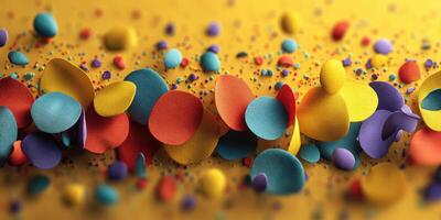 Colorful confetti scattered on a bright yellow surface adds vibrancy to the celebration atmosphere photo