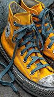 Bright yellow high-top sneakers resting on a textured surface with vibrant blue laces during daylight photo