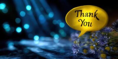 Bright thank you message surrounded by soft lights and blooming flowers in an evening setting photo