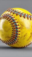 High-quality close-up of a yellow softball with intricate stitching details on a gray background photo