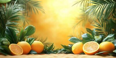 Bright citrus fruits surrounded by tropical leaves in a warm, sunny atmosphere during the afternoon photo