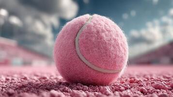 Pink tennis ball resting on a court during a sunny day, showcasing a vibrant sports atmosphere and competitive spirit photo