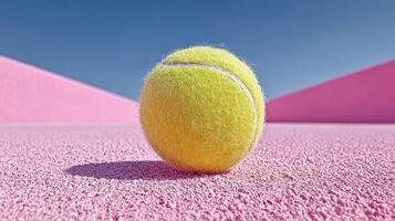 Bright yellow tennis ball on a pink court under a clear blue sky during daytime photo