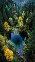 Hidden heart-shaped lake surrounded by vibrant autumn foliage in a serene forest landscape photo